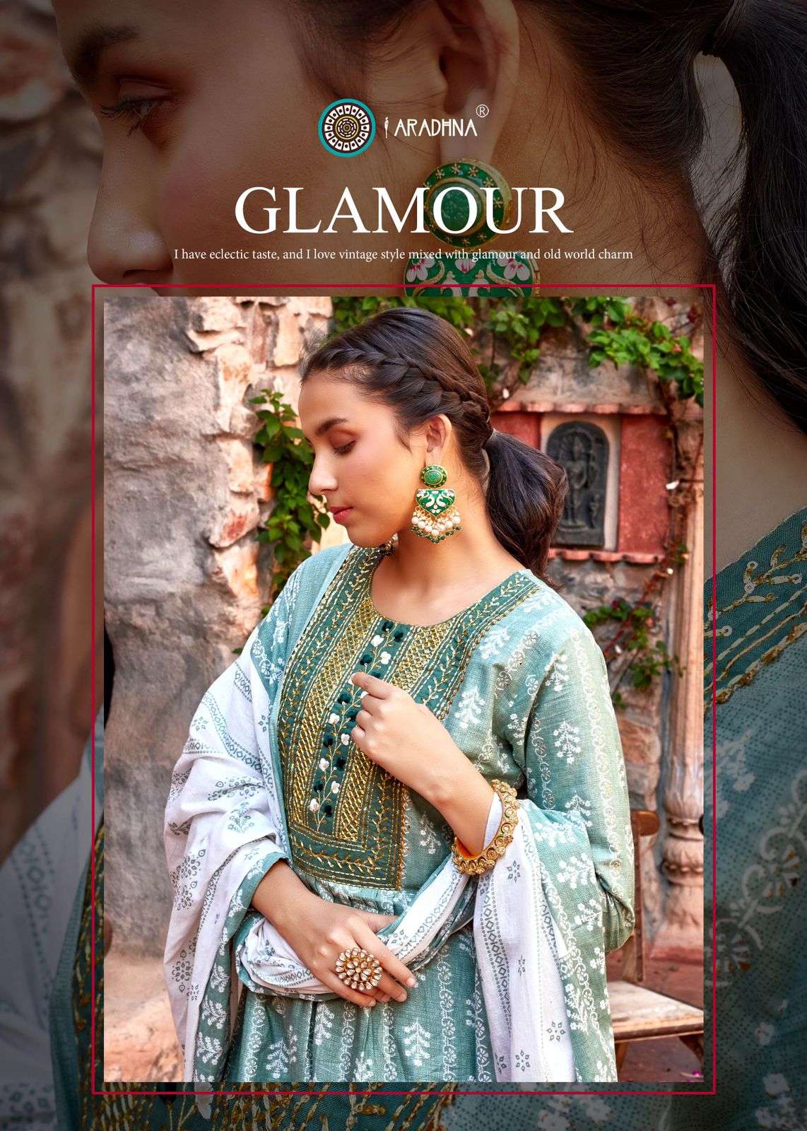 VINTAGE VOL 1 COTTON FOIL PRINT FANCY EMBROIDERY WORK KURTI WITH PANT DUPATTA BY ARADHNA BRAND 1007 C